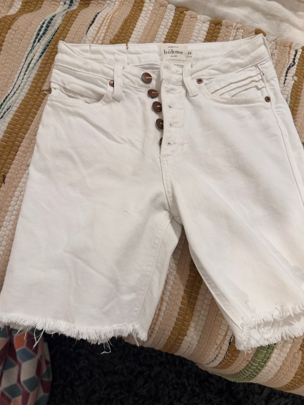 Boheme White Button-Front High-Rise Denim Bermuda Shorts
